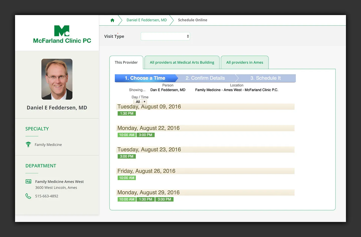 Mcfarland Clinic Shedulling Application User Interface