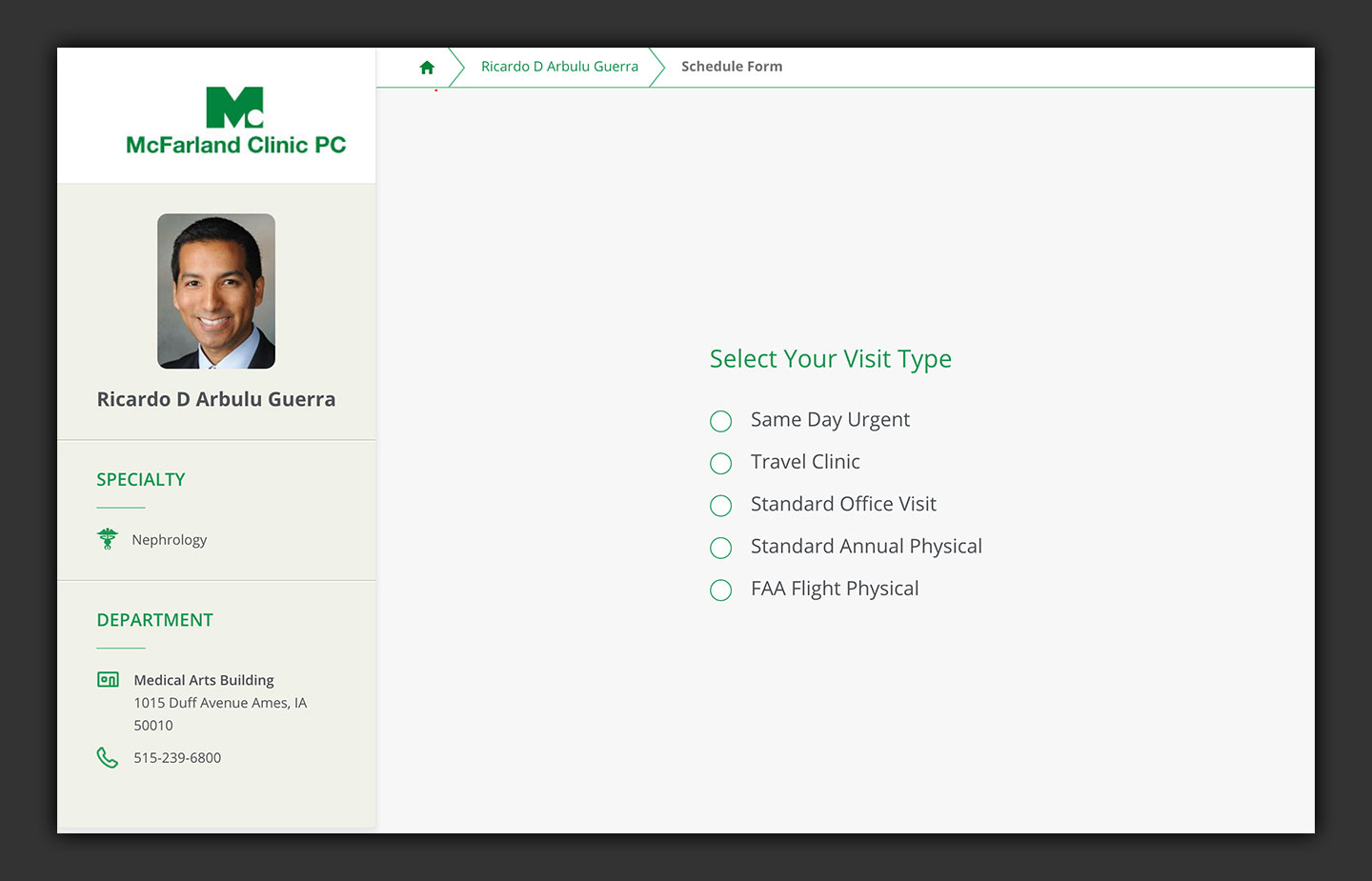 Mcfarland Clinic Shedulling Application User Interface