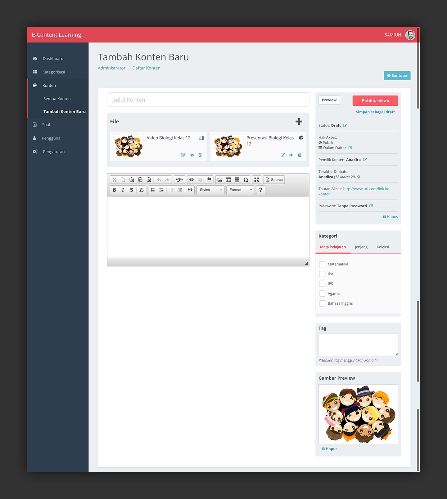 E-Learning Content Management Administration Dashboard