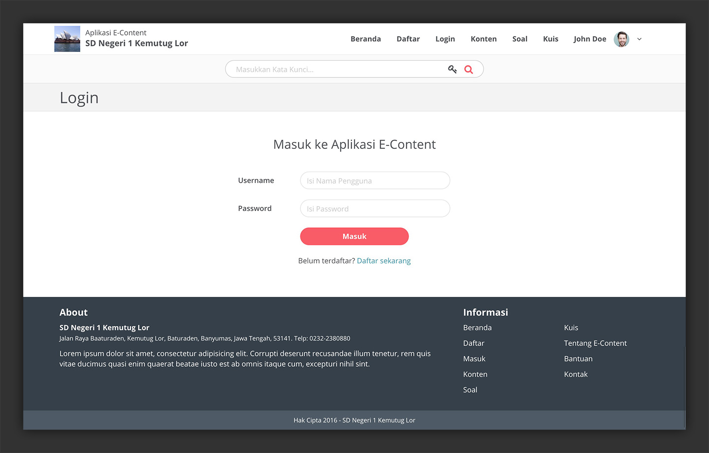 E-Learning Content Website User Interface