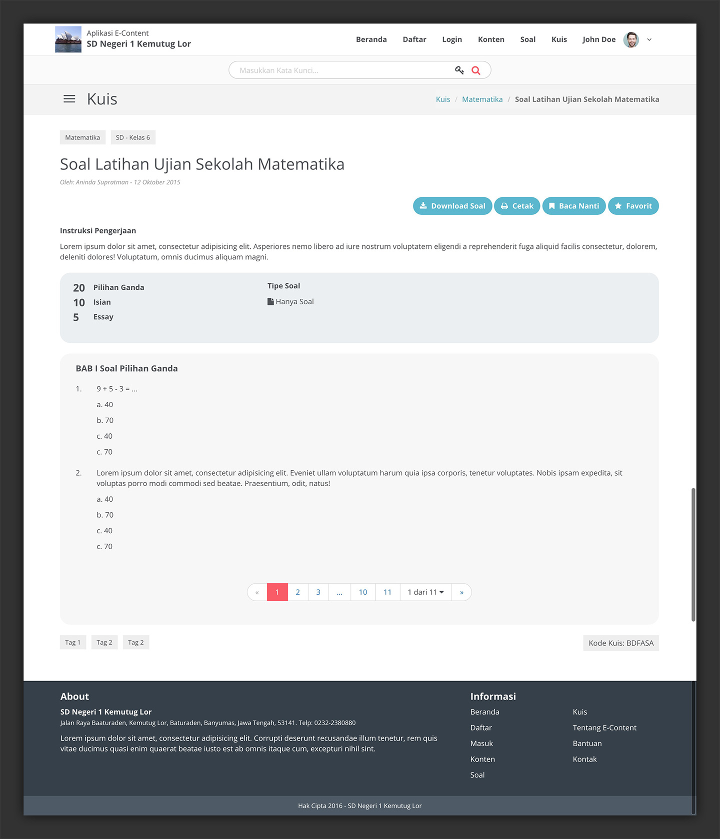E-Learning Content Website User Interface