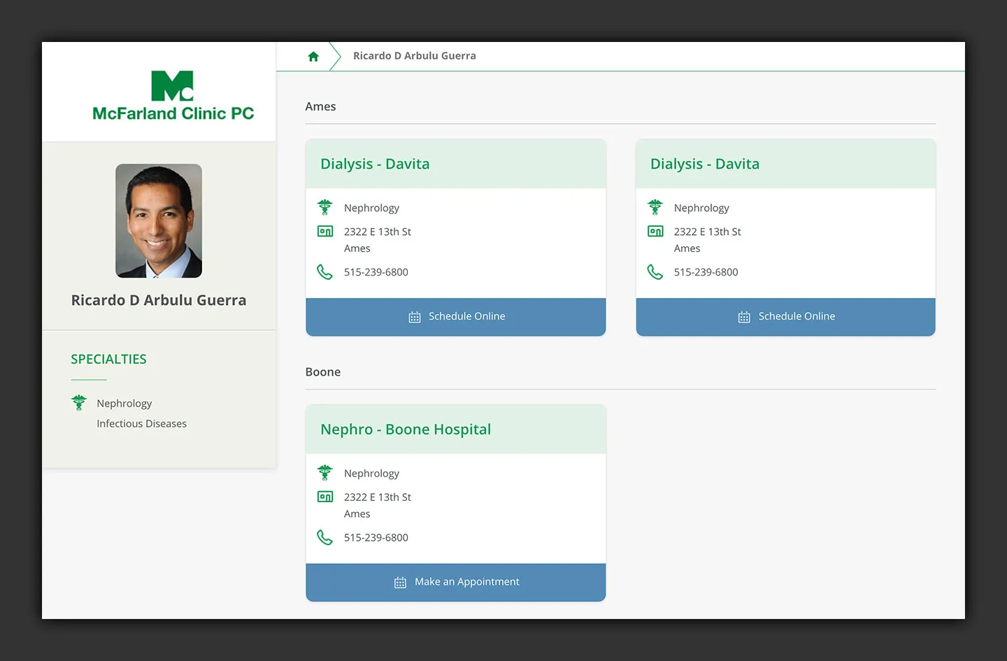 Mcfarland Clinic Shedulling Application User Interface
