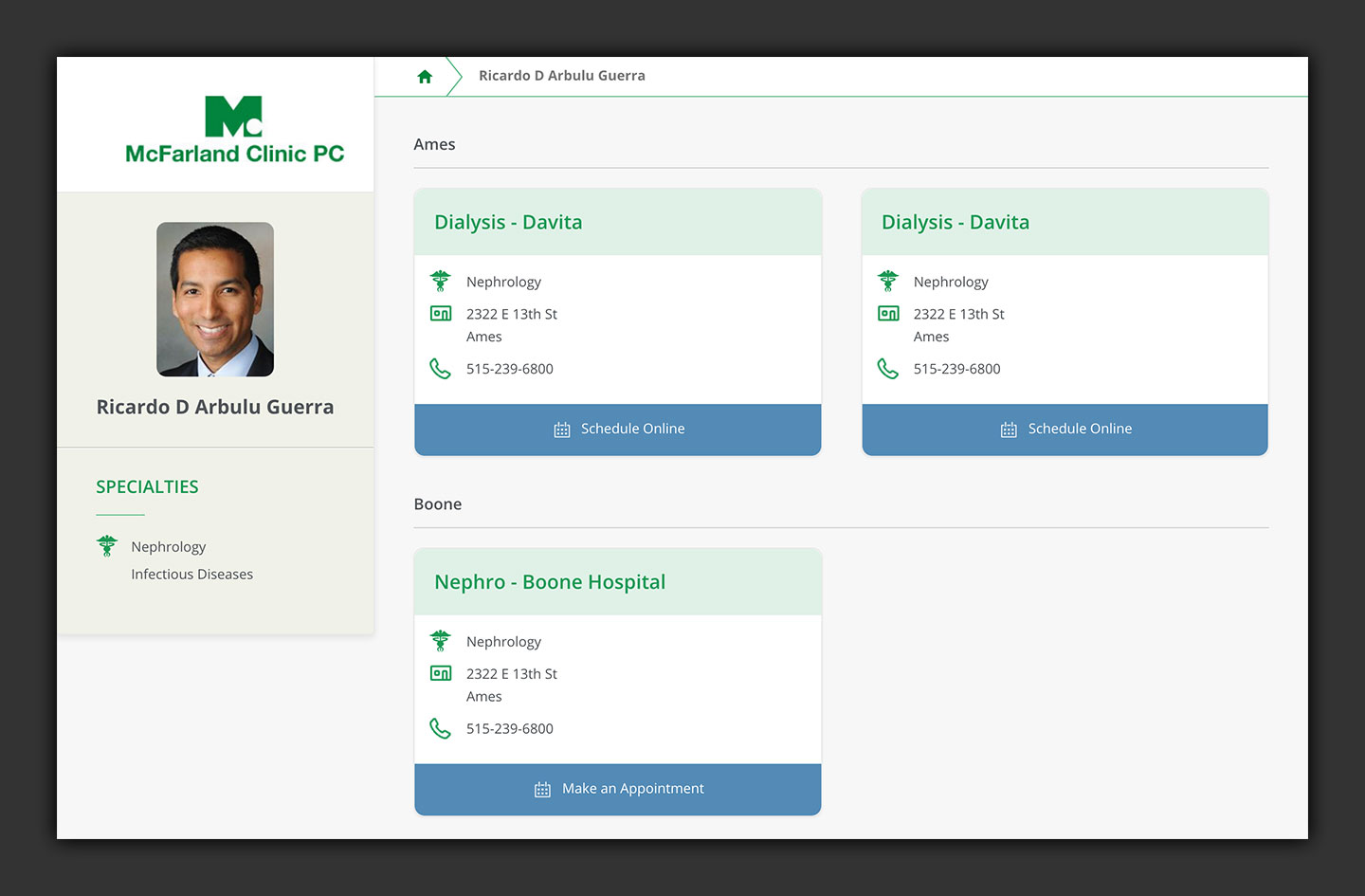 Mcfarland Clinic Shedulling Application User Interface
