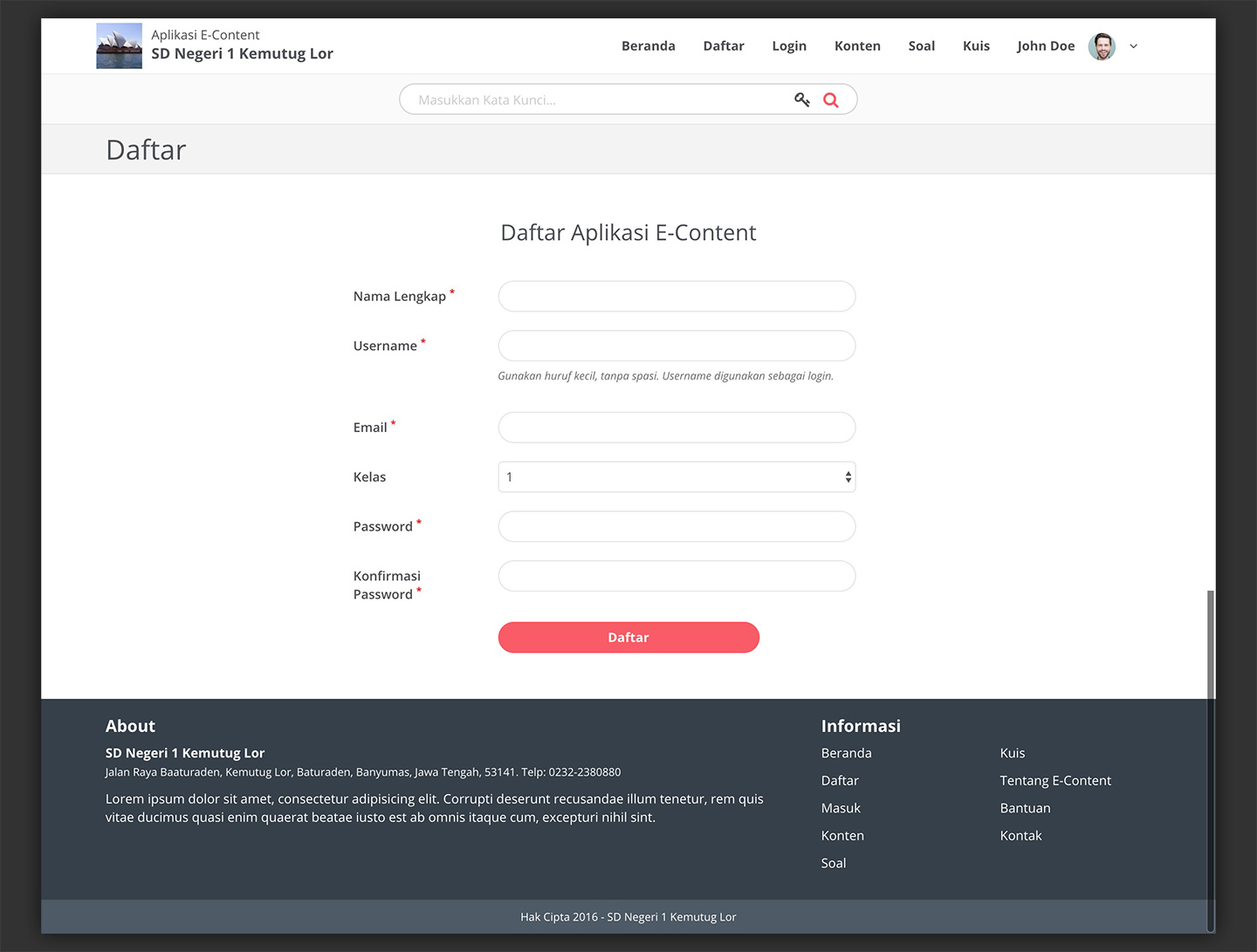 E-Learning Content Website User Interface