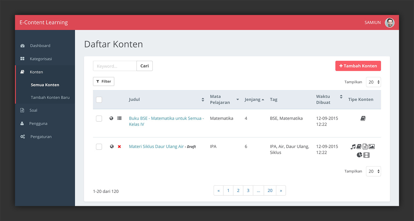 E-Learning Content Management Administration Dashboard