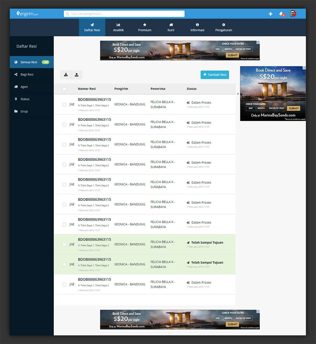 Pengirim Dashboard Website